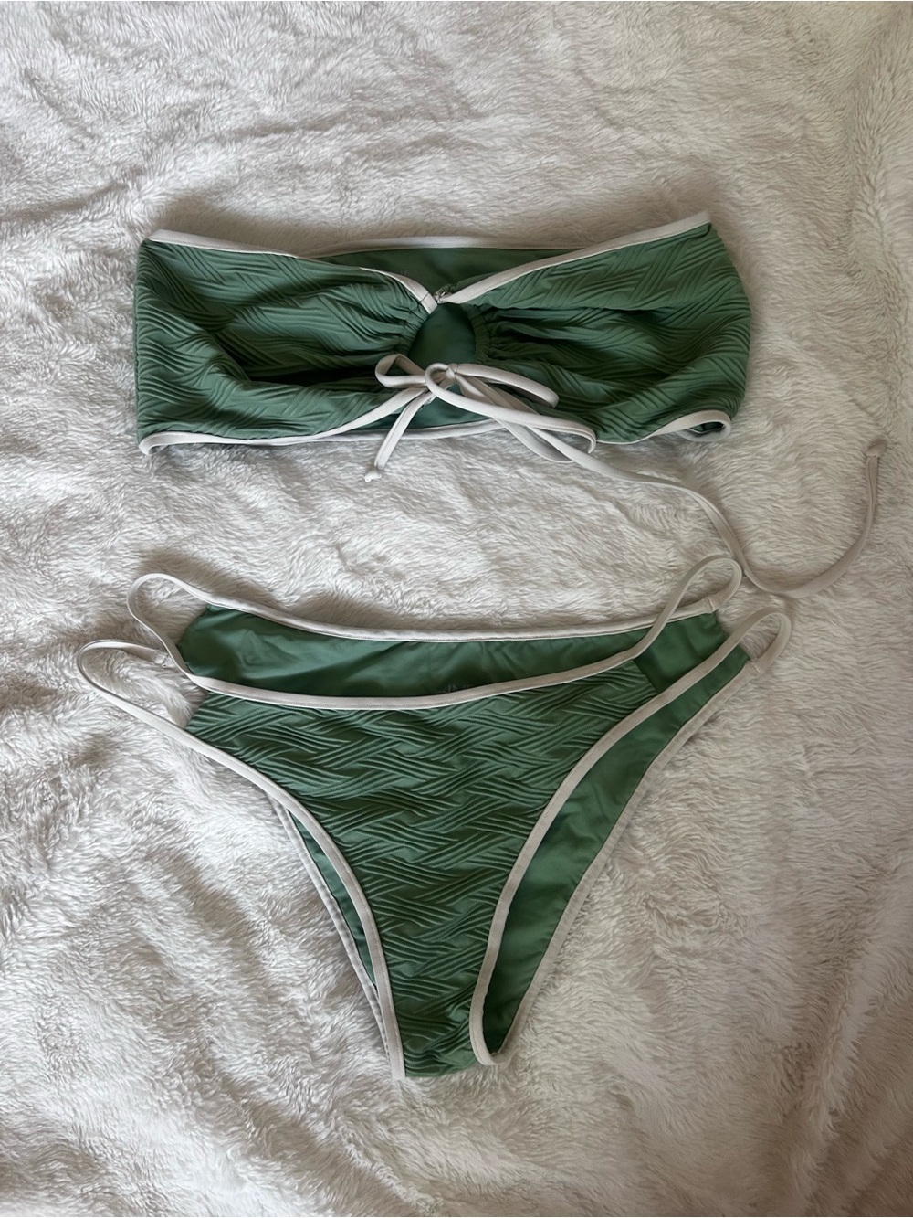 Women’s Green Textured Bandeau Bikini with White Trim